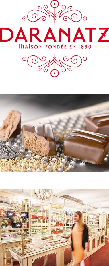 Daranatz : logo, bonbon de chocolat et boutique